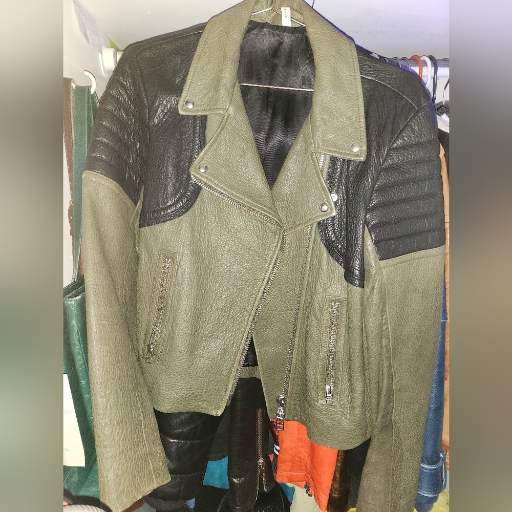 Faith Connexion Green & Black Moto Leather Jacket Size 40